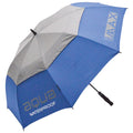 A blue and gray waterproof umbrella stands open showcasing its large canopy designed for protection against rain while featuring the words Aqua and Waterproof printed on its fabric.