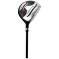 A golf driver is positioned upright showcasing a shiny metallic clubhead with a black and red design on the face while the shaft extends downward creating a sleek appearance.