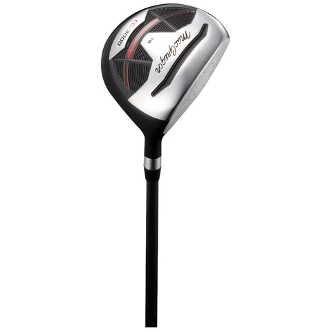 A golf driver is positioned upright showcasing a shiny metallic clubhead with a black and red design on the face while the shaft extends downward creating a sleek appearance.