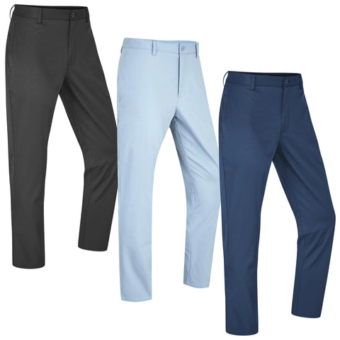 Three pairs of pants in varying colors black light blue and dark blue are displayed side by side showcasing their straight cut and tailored design in a neutral background.