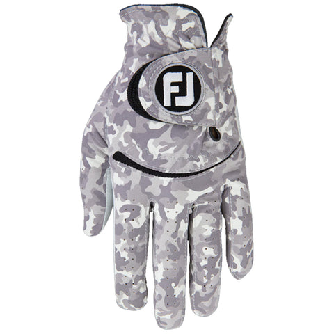 A gray camouflaged golf glove is displayed flat with fingers extended showcasing its fabric texture and design featuring a black and white logo on the wrist area.