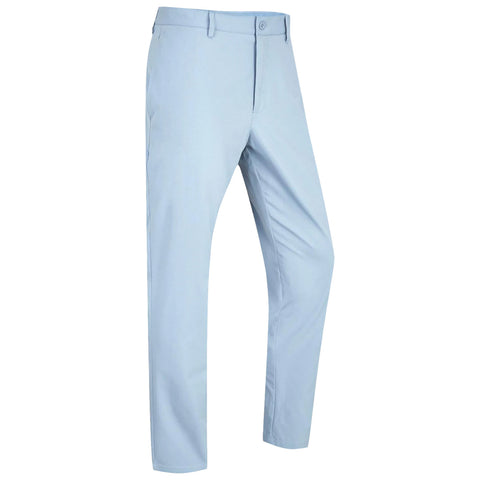 Light blue dress pants stand upright showcasing a straight leg style with a button and zipper closure set against a plain white background suggesting a casual yet polished clothing option.