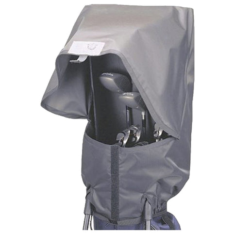 A gray golf club cover encloses several golf clubs standing upright inside a golf bag with a top flap offering protection from the elements while securely fastened at the base