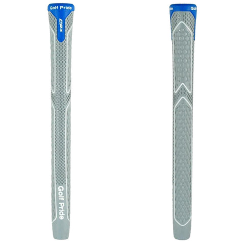 A golf club grip is displayed vertically featuring a textured surface for enhanced hold and comfort it is gray with blue accents and labeled Golf Pride.