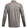 A gray long-sleeve shirt with a high collar features red accents along the shoulder seams and a small logo on the back indicating the brand.