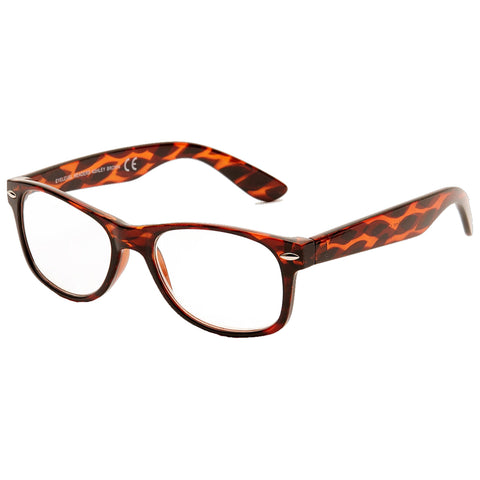 Tortoiseshell-patterned eyeglasses rest upright on a plain background highlighting their rectangular shape and clear lenses suitable for reading or general vision correction.