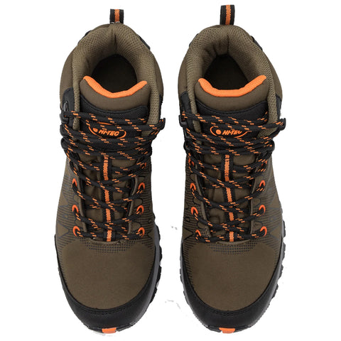 A pair of rugged hiking shoes features a brown and black design with orange accents and sturdy laces suggesting preparation for outdoor activities in a natural environment.