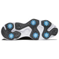 A black and white athletic shoe sole features six blue traction studs. The design shows a combination of textured rubber and smooth material, suitable for sports or outdoor activities.