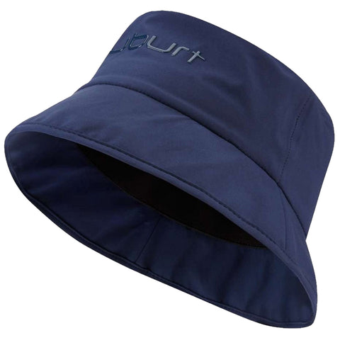 A navy blue bucket hat sits upright displaying a wide brim and a soft fabric structure emphasizing casual style suitable for outdoor activities or sun protection.