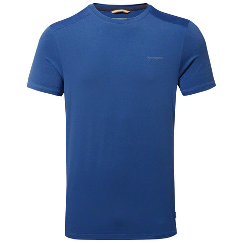 A blue short-sleeved t-shirt is displayed flat showcasing its textured fabric with a subtle stripe pattern and a small logo positioned on the front upper left side.