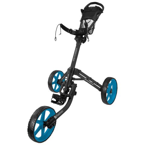 A golf push cart features a sturdy frame with three wheels and a handle for steering. It is designed for transporting golf clubs and accessories around a course.