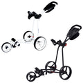 Big Max Ti One 3-Wheel Golf Trolley A golf push cart with two main configurations showcases a white version and a black version featuring four wheels and compartments for carrying golf equipment set against a plain background.