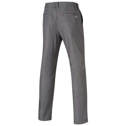 Gray trousers are displayed from the back showcasing a tailored design with two back pockets and a logo on the right side in a neutral setting.