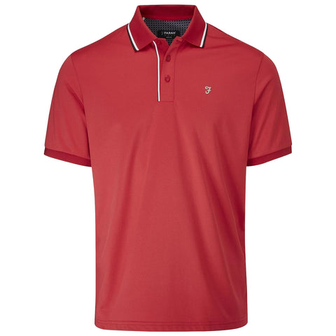 A red polo shirt is displayed hanging flat showcasing short sleeves a collar with a two-button placket and contrasting white trim along the collar and sleeves.