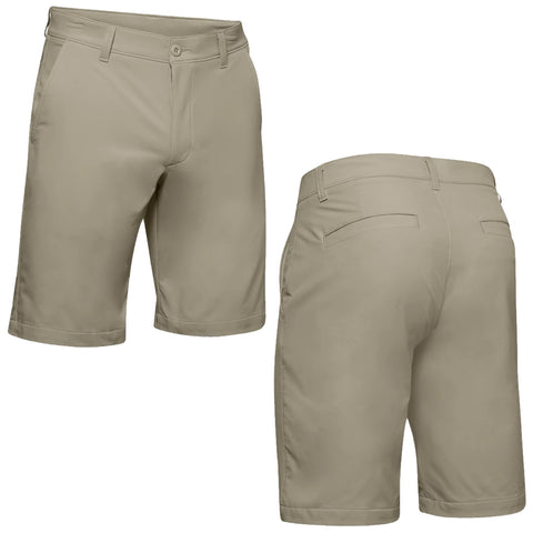 Khaki shorts are displayed from the front and back showing a simple design with pockets and a waistband in a casual context suitable for warm weather or outdoor activities.