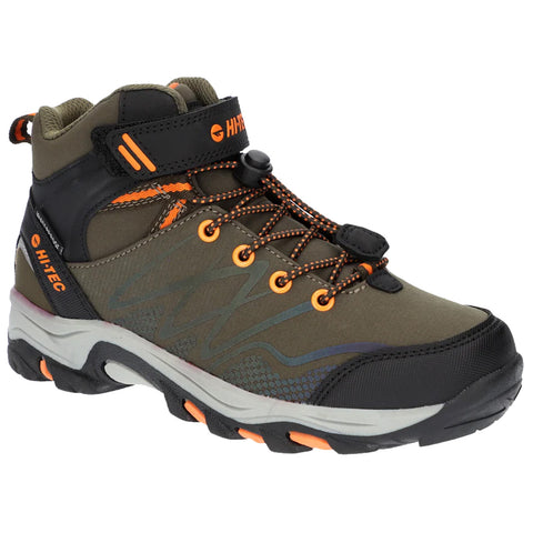 A green and black hiking boot is positioned upright displaying bright orange accents and a secure strap The boot features a rugged sole designed for outdoor activities and is suitable for various terrains