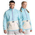 Two young adults stand side by side, both wearing matching blue and white fleeced jackets with half-zippers and large pockets, posing against a plain white background.