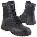 Black tactical boots with laces and side zippers are positioned upright on a neutral background showcasing their sturdy, rugged design intended for outdoor or military use.