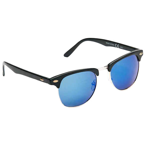 A pair of black-framed sunglasses with blue gradient lenses is displayed resting on a flat surface showcasing their stylish design and reflective qualities.