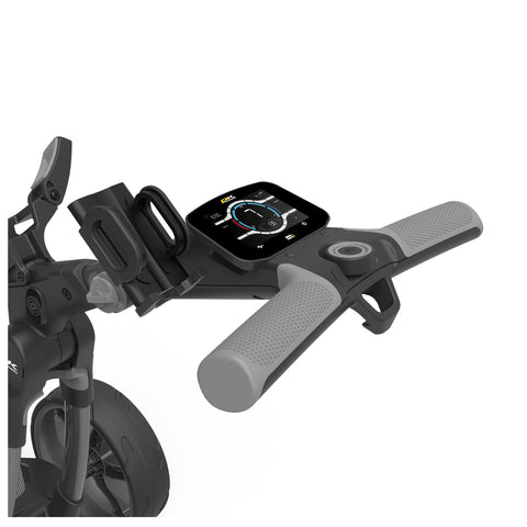 A scooter handlebar features a digital display showing speed and battery status while grips are positioned for rider control in a minimalistic design against a plain white background.