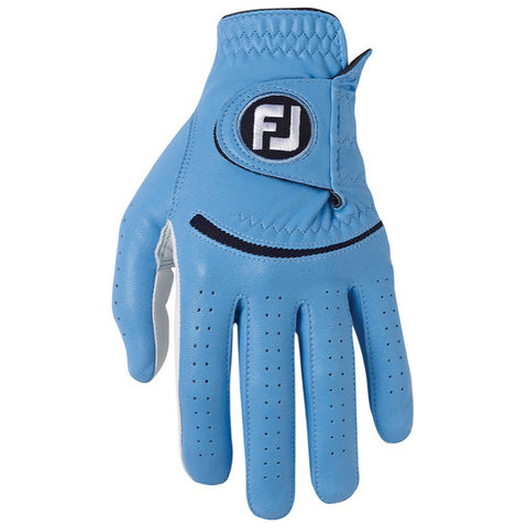 A blue golf glove is displayed with a thumb and four fingers visible the glove features perforations for breathability and a logo on the back near the wrist area