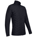 A black lightweight jacket features a quilted upper section and long sleeves with a zippered front. It appears designed for casual or athletic wear suitable for cooler weather.