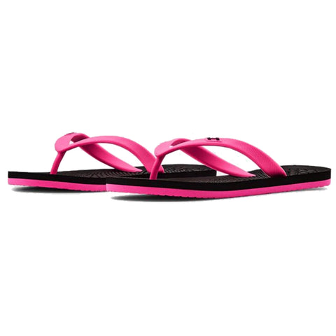 Two pairs of flip-flops are displayed with a black sole and bright pink straps resting side by side on a white background showcasing a casual footwear option for warm weather settings.