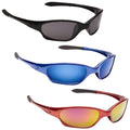 Eyelevel Kids Willow Sunglasses Three pairs of sunglasses are displayed in a vertical arrangement featuring a black pair on top a blue pair in the middle and a red pair at the bottom each with distinct colored lenses.