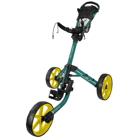 A golf push cart stands upright with a teal frame and yellow wheels. It features a handle for pushing and a storage compartment for golf equipment. The background is plain white.