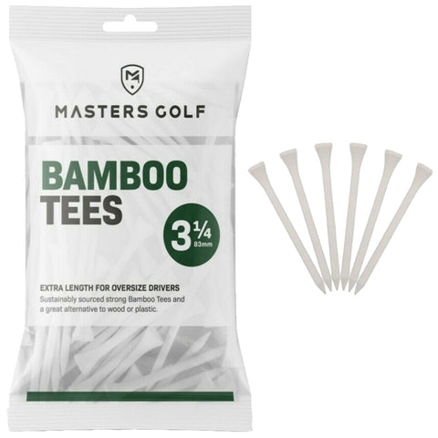 A clear plastic bag contains white bamboo golf tees with a label indicating a size of 3¼ inches and text about being an alternative to wood or plastic.