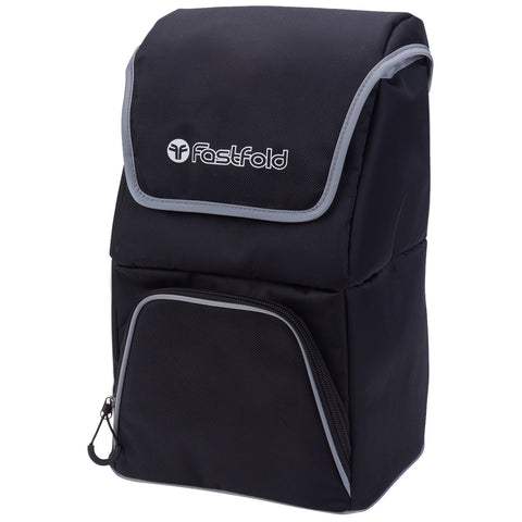 A black backpack with a folded top and a front zipper pocket is displayed prominently against a neutral background showcasing its simple yet functional design ideal for travel or everyday use