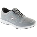 A gray athletic shoe rests against a plain background its laces are tied and it features a mesh upper with a cushioned sole designed for comfort and support during physical activities