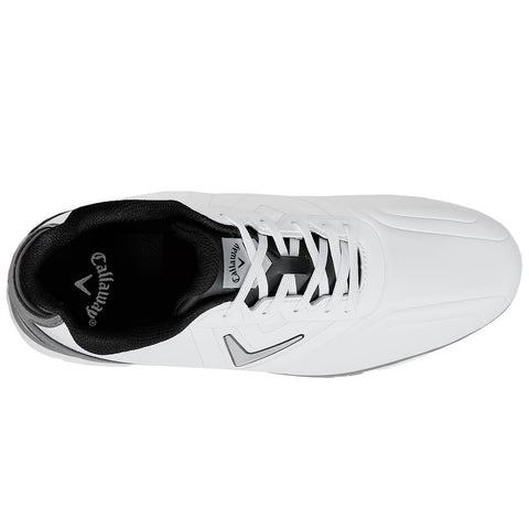 A white athletic shoe with black accents is positioned centrally the laces are tied with a sleek appearance suitable for sports or casual wear the background is plain and neutral.