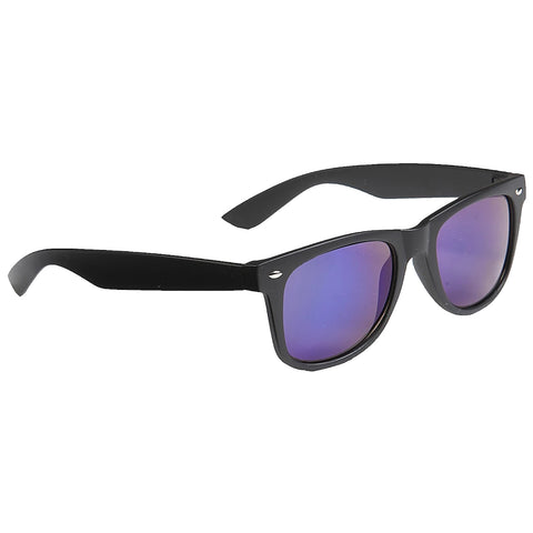 Black sunglasses with purple-tinted lenses rest on a flat surface showcasing their sleek design and modern aesthetic suitable for outdoor use in bright conditions.