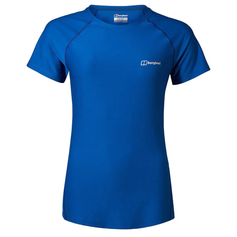 A blue short-sleeved t-shirt is displayed prominently showing a smooth texture and a round neckline with contrasting seams it is branded with a logo on the front