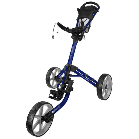 A golf pushcart features a sturdy orange frame with three wheels and a black handle. It is designed for transporting golf bags on a course, facilitating easier movement for golfers.