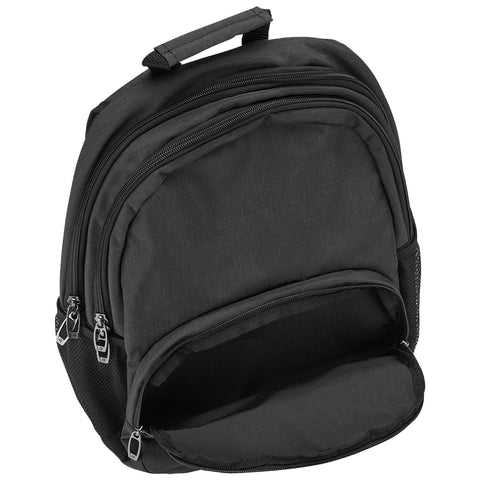 A black backpack is open showcasing its empty interior with zippers and a handle on top in a neutral setting without specific background details.