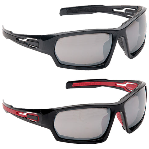 Two pairs of sunglasses are displayed side by side showcasing a black frame on the top and a black and red frame on the bottom with mirrored lenses reflecting light in an outdoor setting.