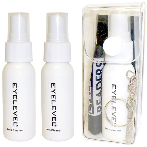 Two white spray bottles labeled "EYLEVEL Lens Cleaner" are positioned next to a clear plastic case that holds a black marker labeled "EYLEVEL READERS" and another smaller white spray bottle with a keychain.