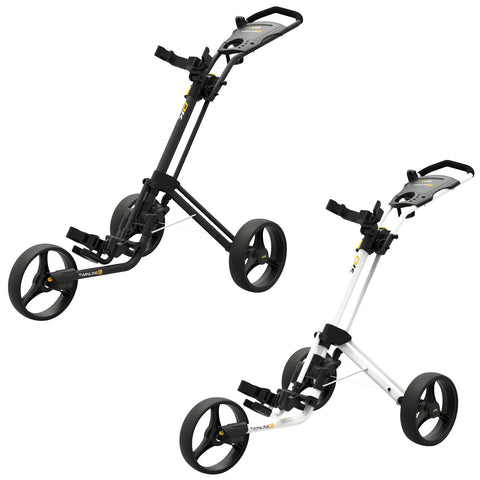 A golf pushcart is displayed in two colors black and white the carts have three wheels and adjustable features designed to hold golf bags for easy transport on the course