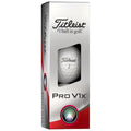 A boxed set of Titleist Pro V1x golf balls is displayed with a transparent window showing one golf ball labeled Titleist 1 the box features a sleek white design with red accents and branding