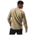 A man wearing a beige sweater is turned slightly away from the viewer showing the back of his head and body in a plain background suggesting a focus on the clothing.