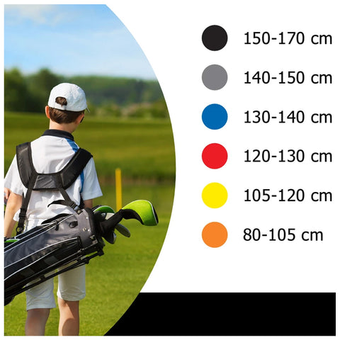 A boy stands on a golf course carrying a black and green golf bag while looking forward towards the green landscape under a clear blue sky beside a color-coded height chart ranging from 80 to 170 cm