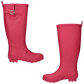 Two tall pink rubber boots are presented standing upright with a textured sole and a strap detail at the top indicating they are designed for wet or muddy conditions.