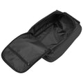 A black zippered bag lies open displaying an empty interior with a compartment at the bottom suggesting it is designed for organizing and storing items in a compact form.