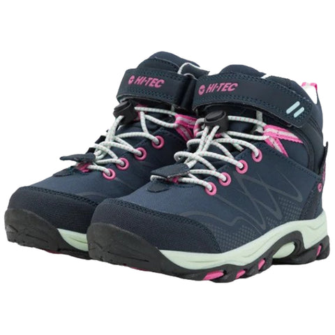 Blue and pink hiking boots are positioned side by side featuring a high-top design with laces and a Velcro strap suitable for outdoor activities on various terrains.