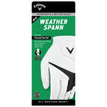 A white golf glove with black accents is displayed on a green background showcasing its features including a leather palm and thumb and highlighting its FUSETECH technology for durability and grip