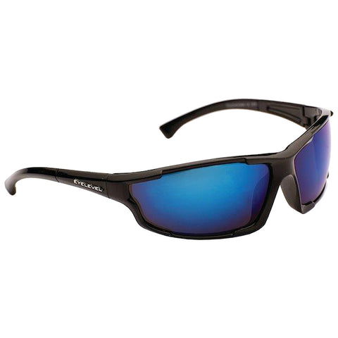 Sport sunglasses are positioned at an angle showcasing their sleek black frame and reflective blue lenses in a neutral background indicating a focus on eyewear designed for outdoor activities.