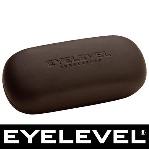 A brown sunglasses case is displayed with the brand name EyELEVEl embossed on its surface. It rests against a dark background, emphasizing its sleek design and purpose.