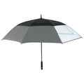 A gray and black umbrella is opened to shield from rain or sun with a straight handle for grip standing upright against a plain white background.